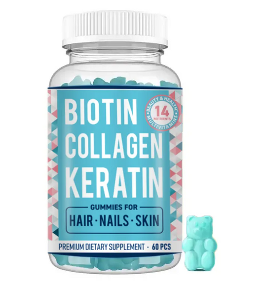 COLLAGENE+ KERATINE + BIOTINE + 14 Vit gummies  cheveux forts brillants et repousse, peau, et ongles